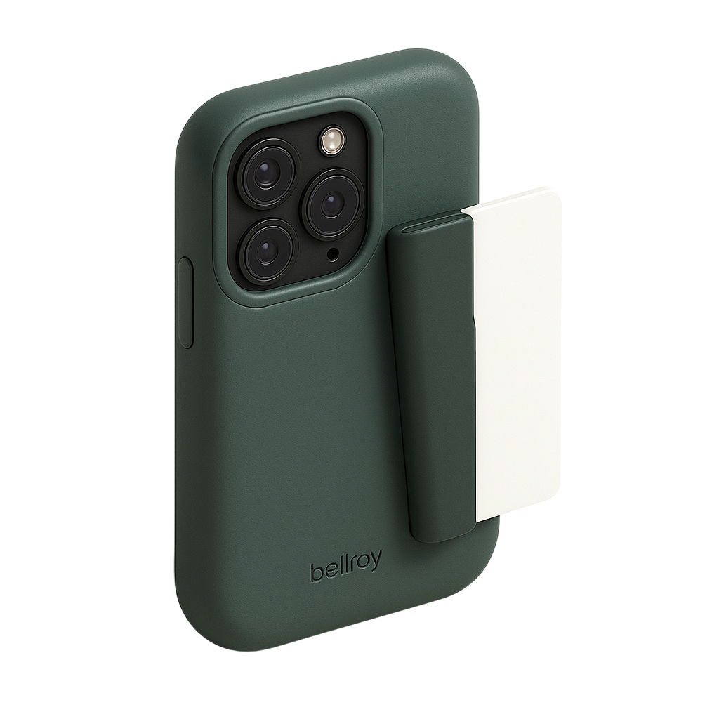 Belroy Phone case in dark green; it has a pocket that can hold up to 3 cards.