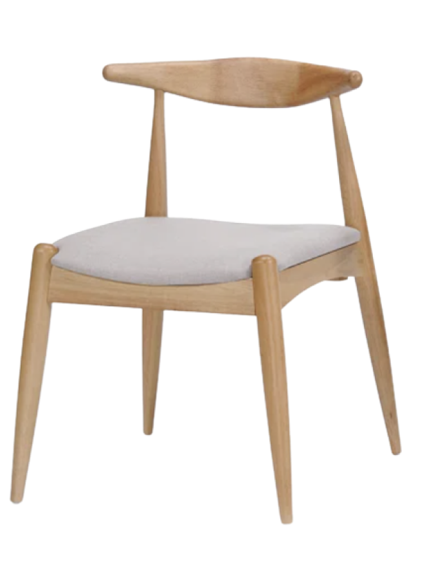 Simple Corrigan chair — oak wood with gray padding.