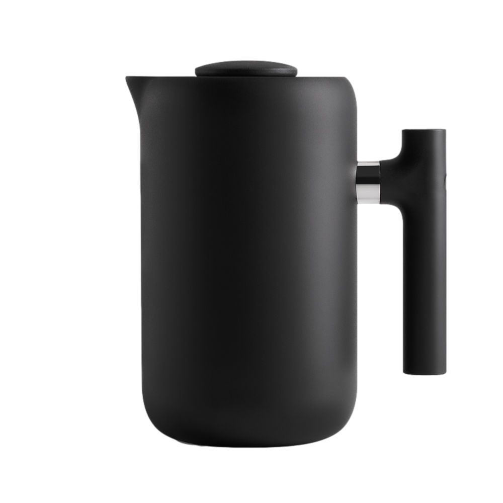 Fellow French Press Coffee maker in Black facing left.