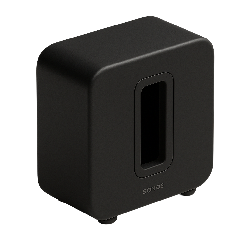 A black Sonos Subwoofer; Interesting O shaped.