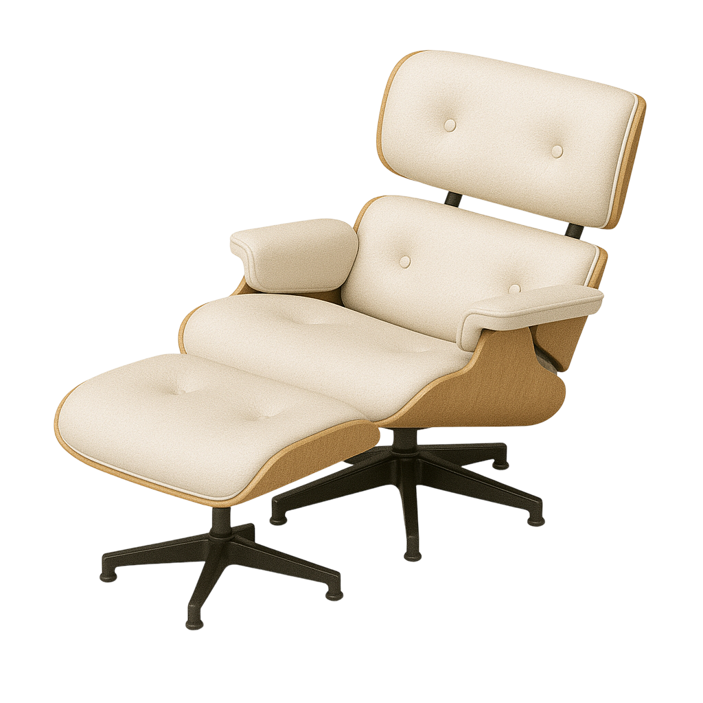 White Eames char facing left with ottomon