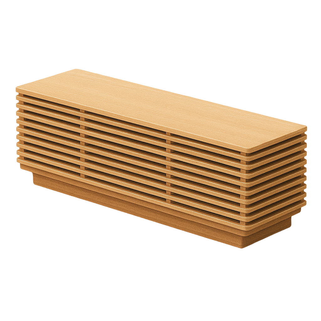 Line Media Console. Oak wood facing diagonally with wooden slots.