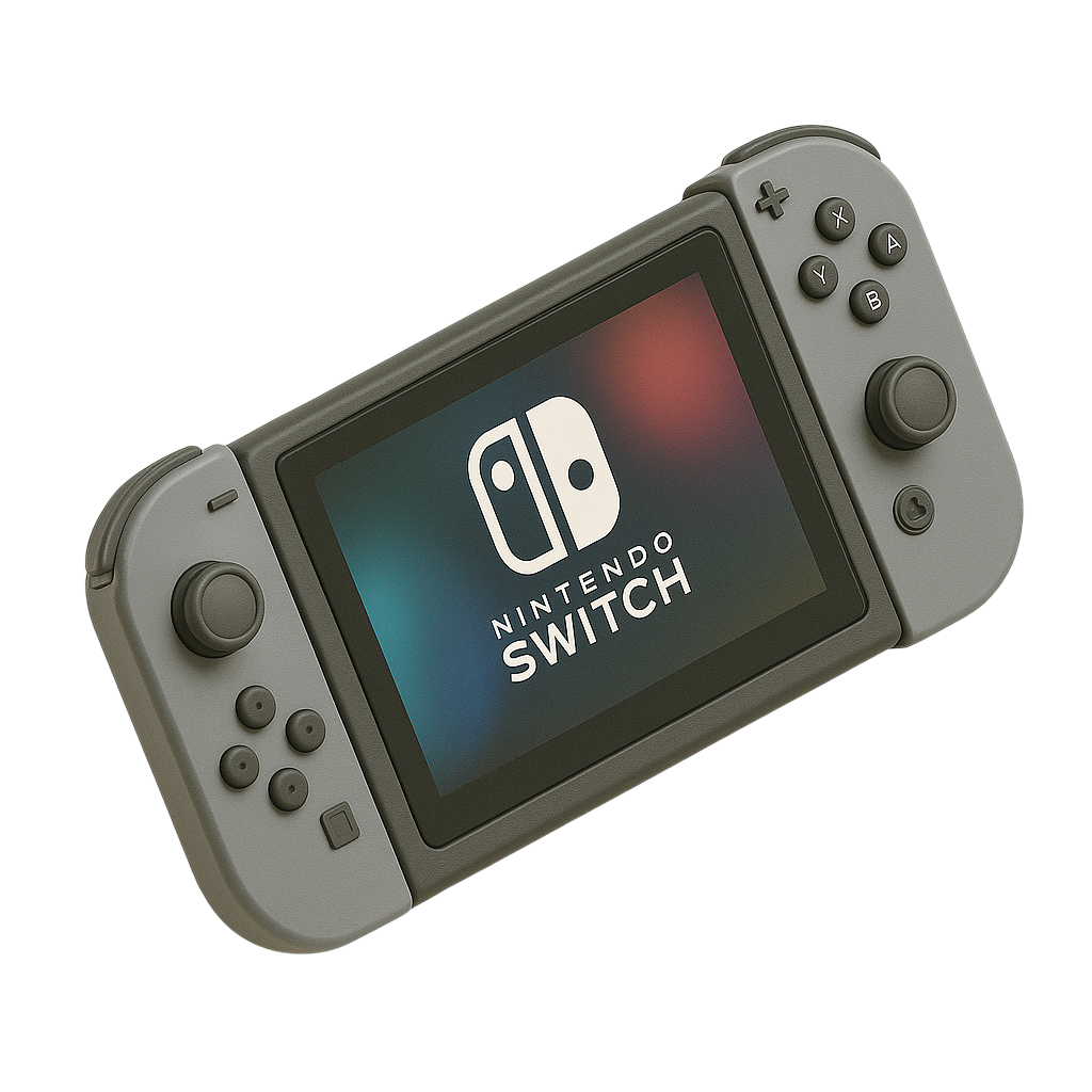 Nintendo Switch in dark gray angled left with one of the controllers half way up