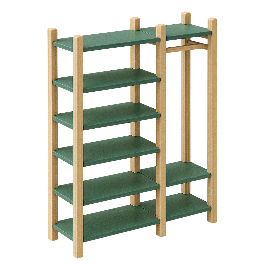 Floyd Shelves in green. They're composable, and this one has two colums and several rows of shelves but the right side is mostly empty to fit hanging clothing.
