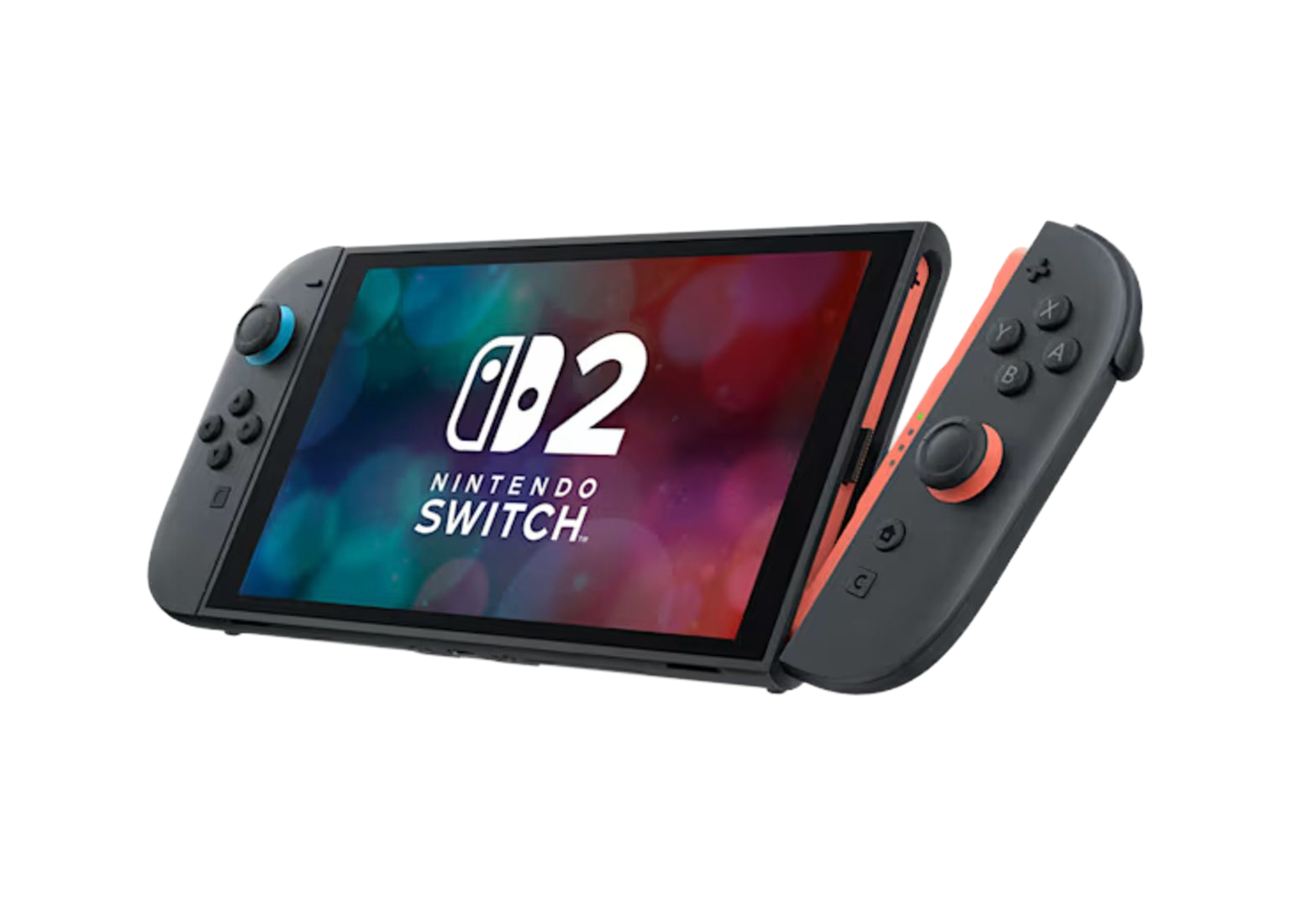 Nintendo Switch in dark gray angled left with one of the controllers half way up