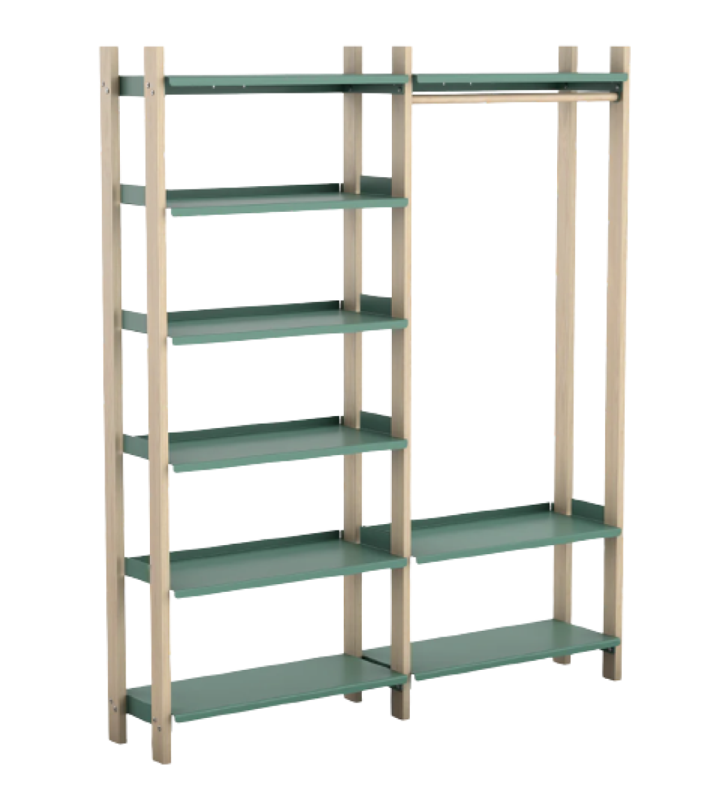 Floyd Shelves in green. They're composable, and this one has two colums and several rows of shelves but the right side is mostly empty to fit hanging clothing.